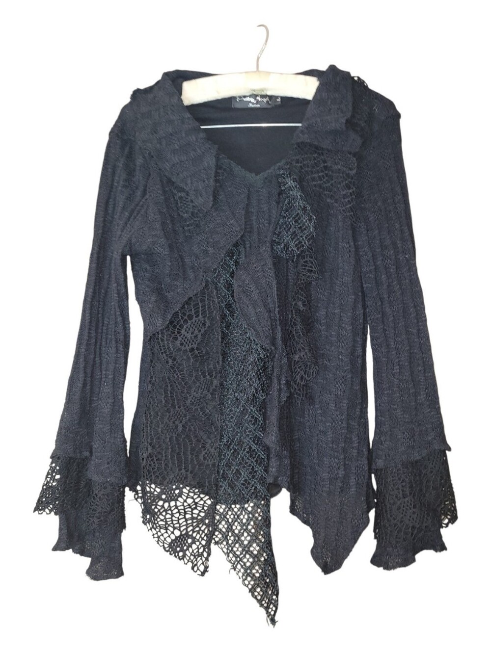 Pretty Angel Whimsigoth Black Linen blend Long Sleeved Top Lace Crochet Lace L